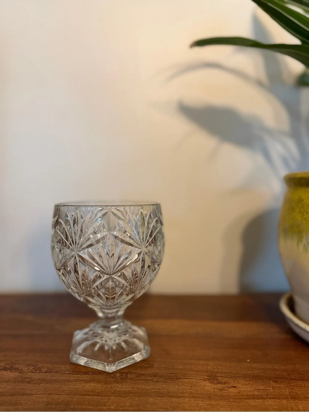 Vintage Teleflora Cut Crystal Footed Goblet Vase Hexagonal Base